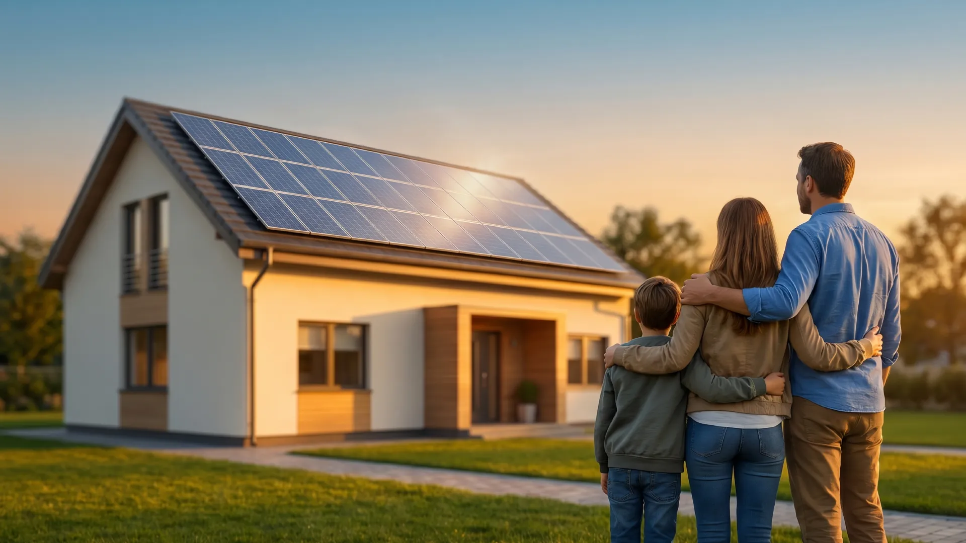 Familia frente a casa con paneles solares